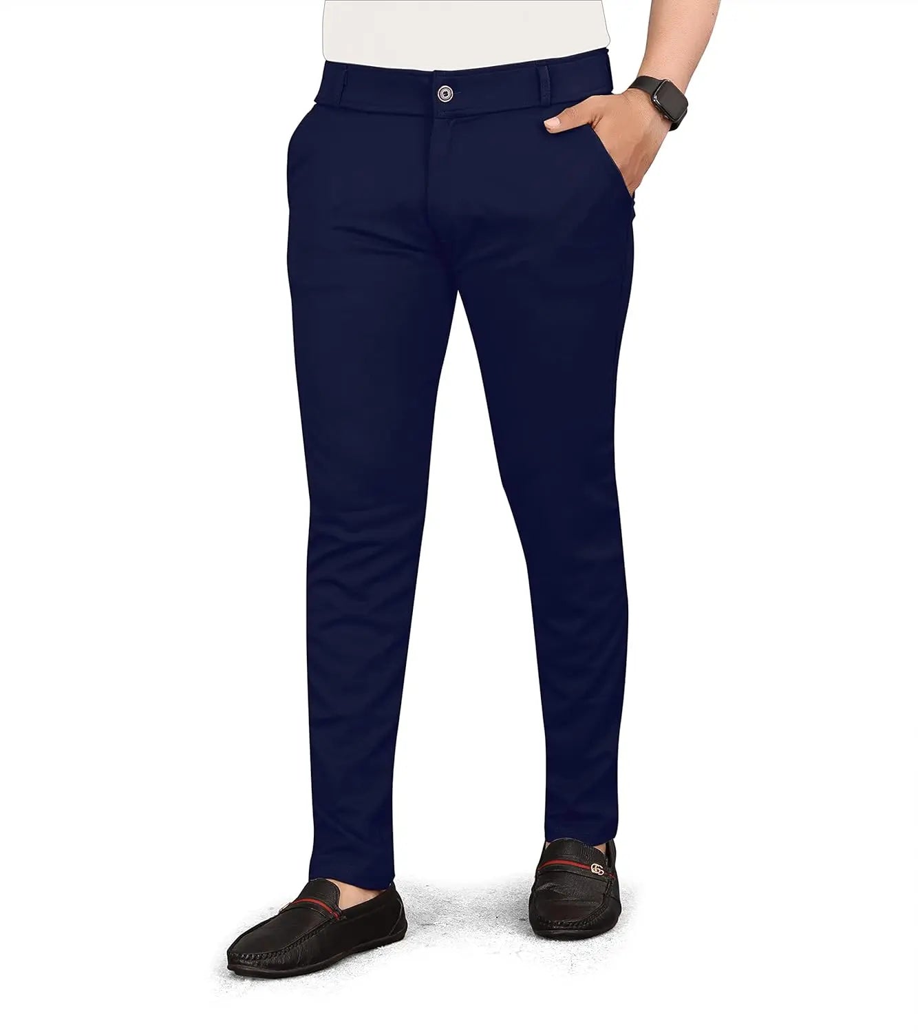 Men Slim Fit Navy Blue Lycra Blend Formal Trousers Pants