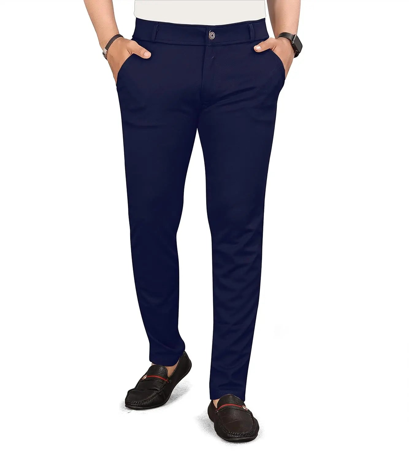 Men Slim Fit Navy Blue Lycra Blend Formal Trousers Pants