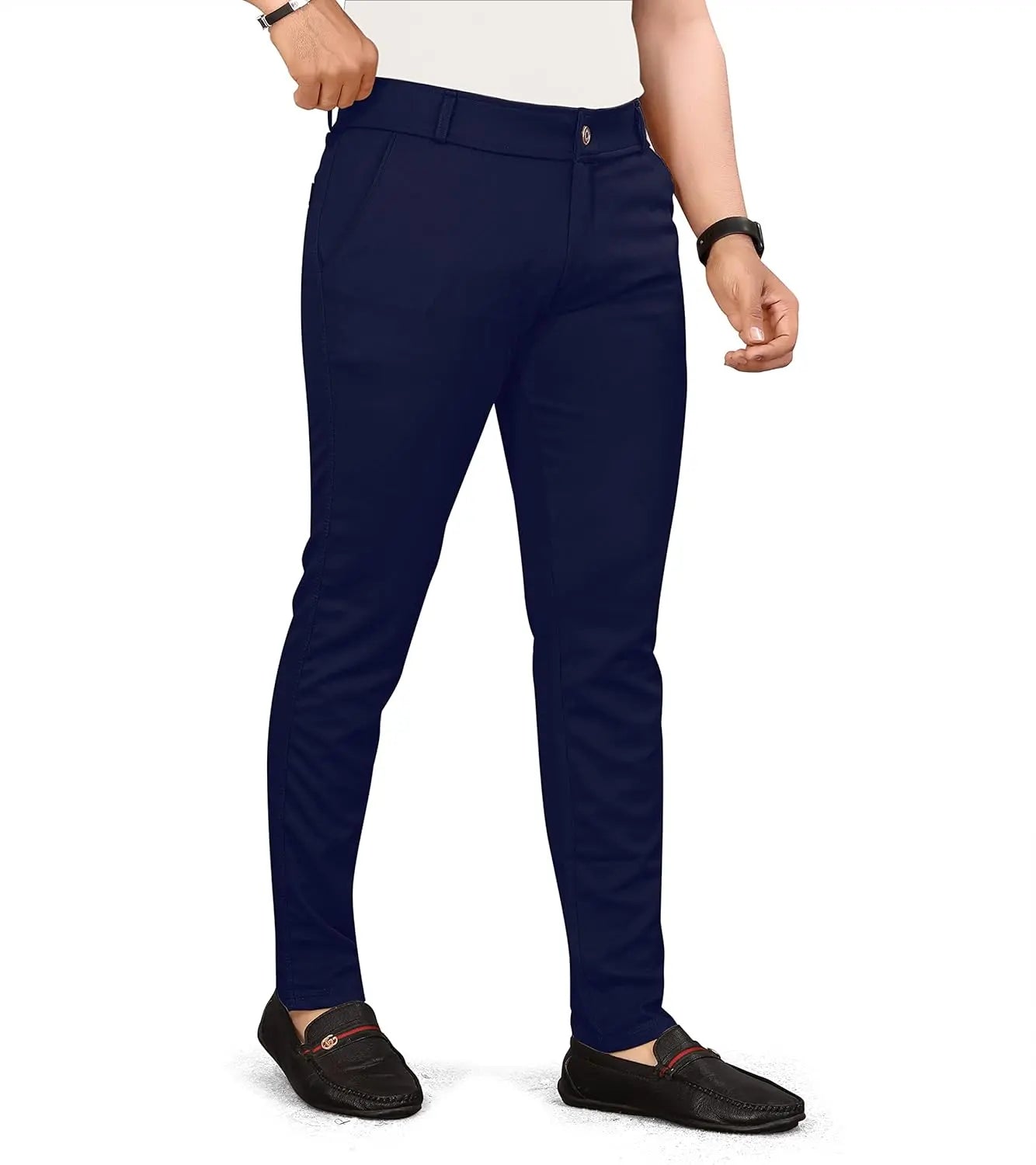 Men Slim Fit Navy Blue Lycra Blend Formal Trousers Pants