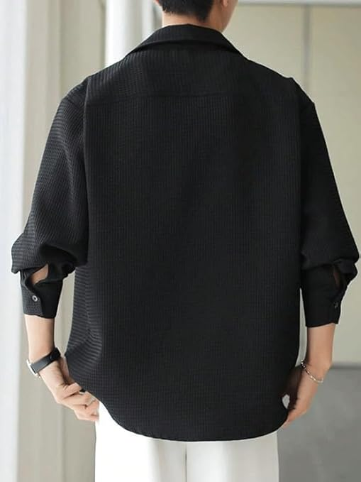 Casual Stylish Polycotton Black Shirt For Mens | Relaxed Fit Textured Shirt