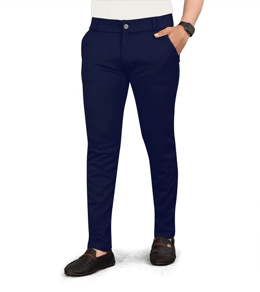 Men Slim Fit Navy Blue Lycra Blend Formal Trousers Pants