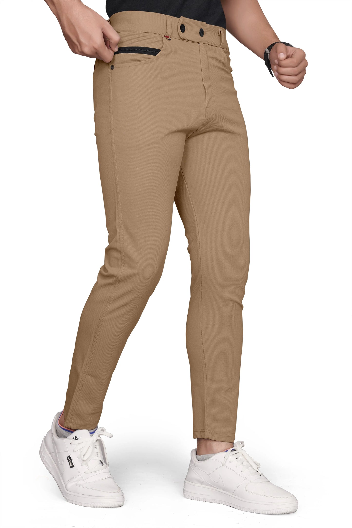 Men Slim Fit Khaki Lycra Blend Formal Trousers Pants