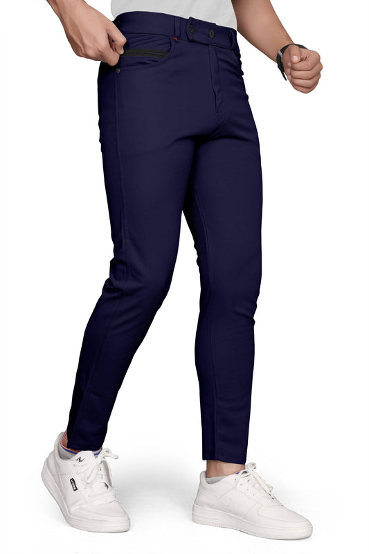 Men Slim Fit Navy Blue Lycra Blend Formal Trousers Pants