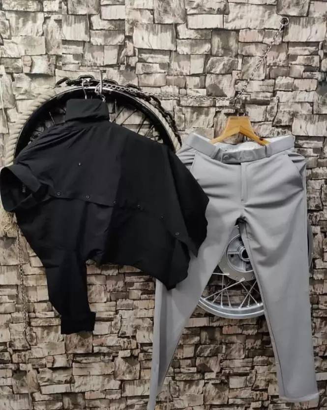 black shirt grey pants